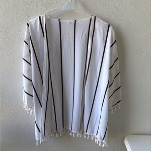 Kimono White with black stripes 3X Fringe Swim coverup Lightweight